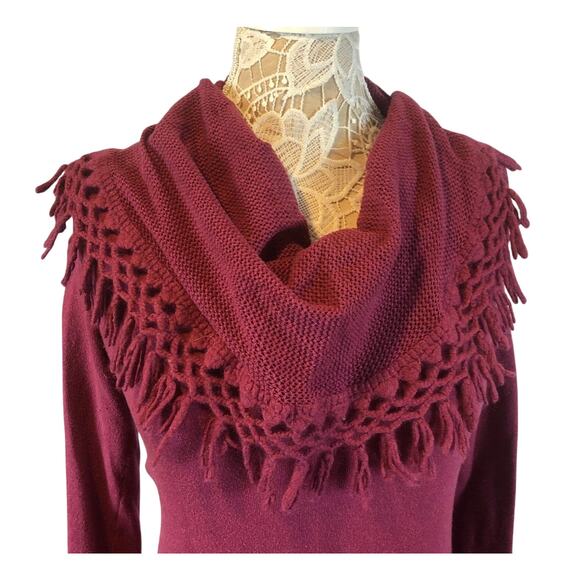 Anthropologie Angel of the north tassel Cowl neck sweater burgundy size small - Picture 2 of 11